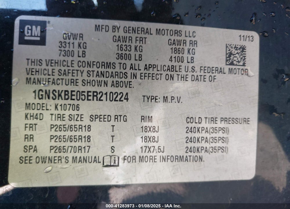 2014 CHEVROLET TAHOE LT VIN: 1GNSKBE05ER210224