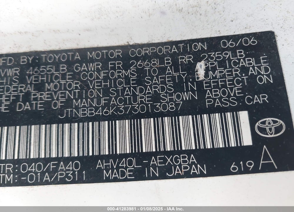 2007 TOYOTA CAMRY VIN: JTNBB46K373013087