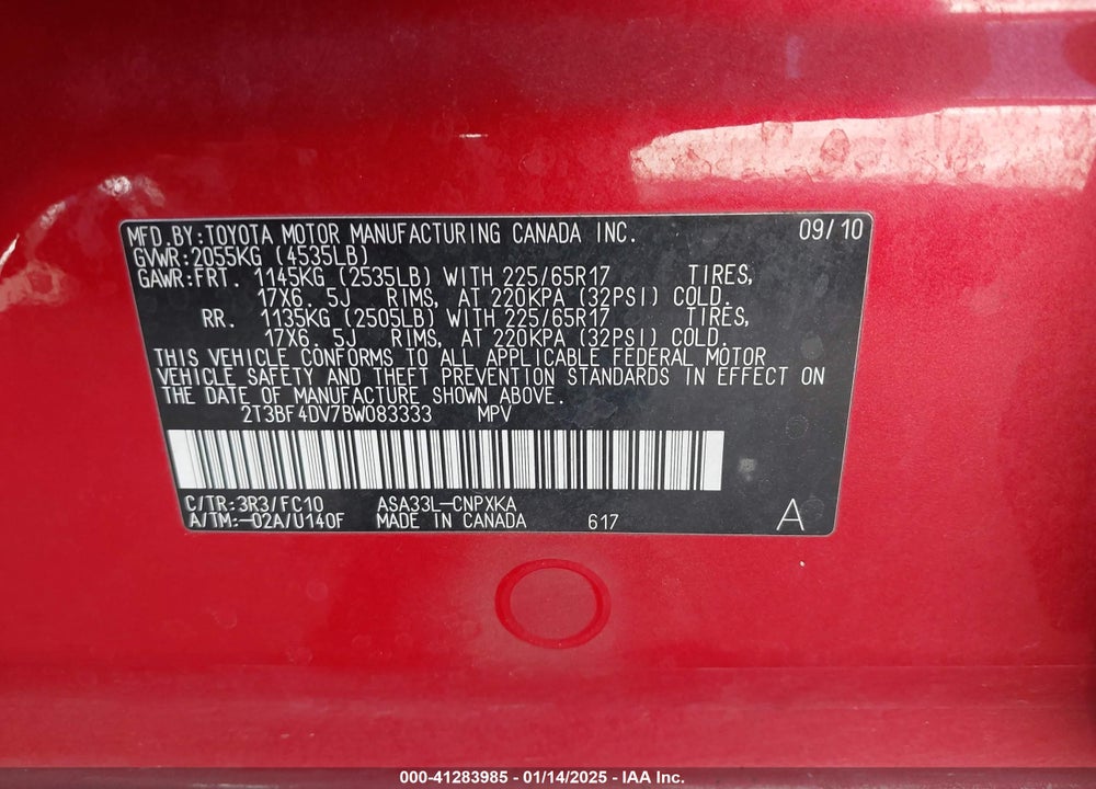 2011 TOYOTA RAV4 VIN: 2T3BF4DV7BW083333