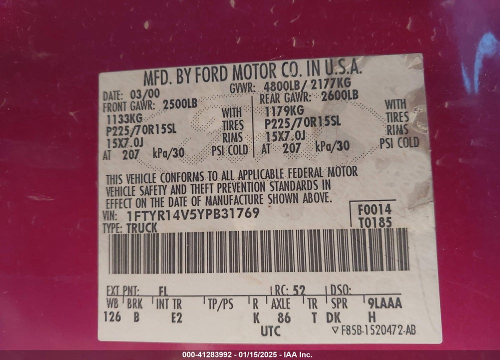 2000 FORD RANGER XL/XLT VIN: 1FTYR14V5YPB31769