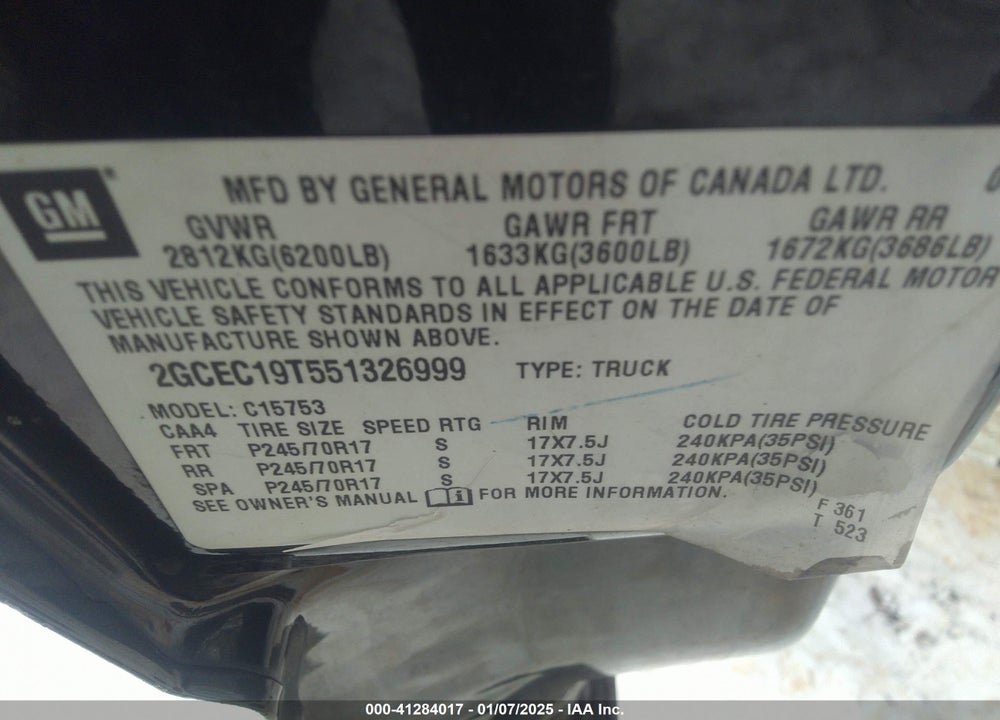 2005 CHEVROLET SILVERADO 1500 WORK TRUCK VIN: 2GCEC19T551326999