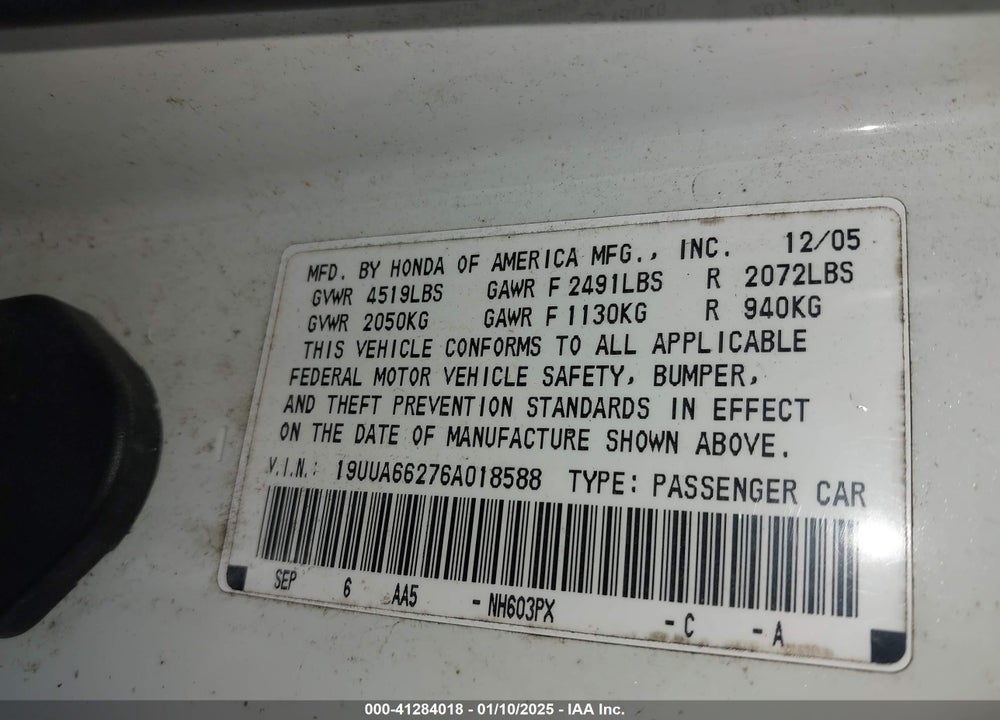 2006 ACURA TL VIN: 19UUA66276A018588