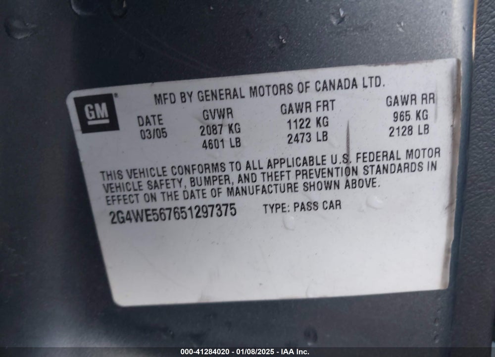 2005 BUICK LACROSSE CXS VIN: 2G4WE567651297375