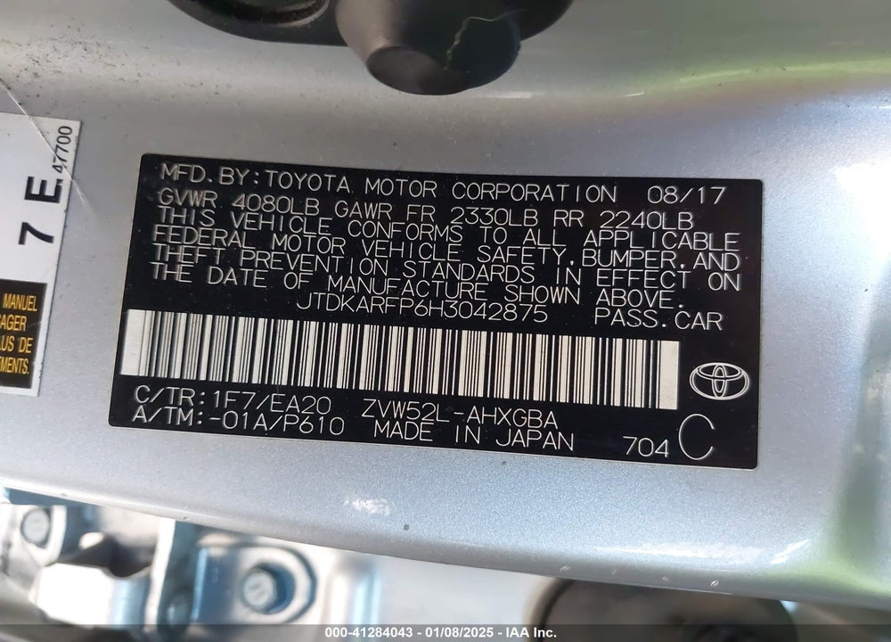 2017 TOYOTA PRIUS PRIME VIN: JTDKARFP6H3042875