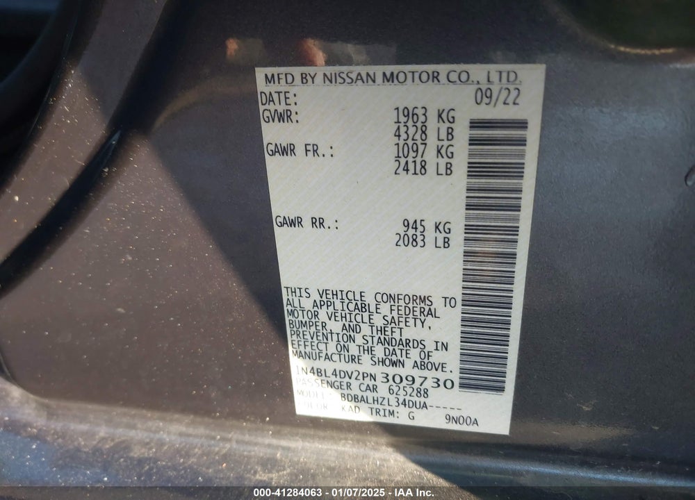 2023 NISSAN ALTIMA SV FWD VIN: 1N4BL4DV2PN309730