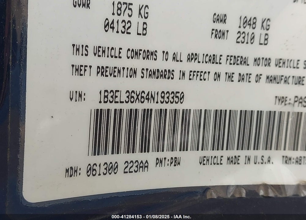 2004 DODGE STRATUS SE VIN: 1B3EL36X64N193350