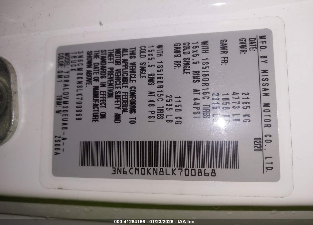 2020 NISSAN NV200  CARGO S XTRONIC CVT VIN: 3N6CM0KN8LK700868
