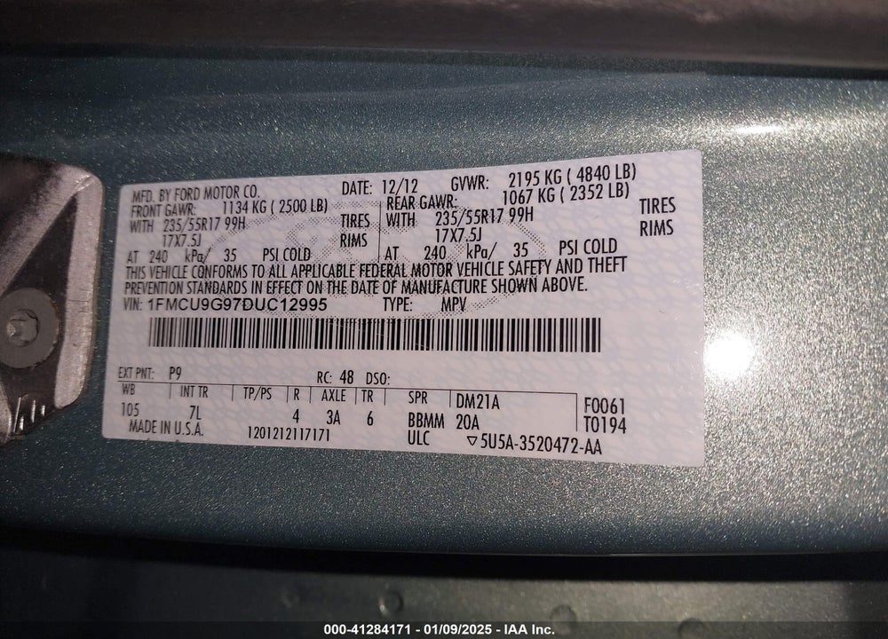 2013 FORD ESCAPE SE VIN: 1FMCU9G97DUC12995