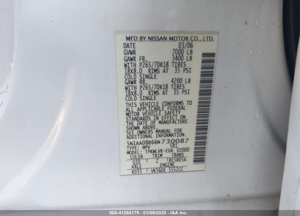 2006 NISSAN ARMADA LE VIN: 5N1AA08B66N730087