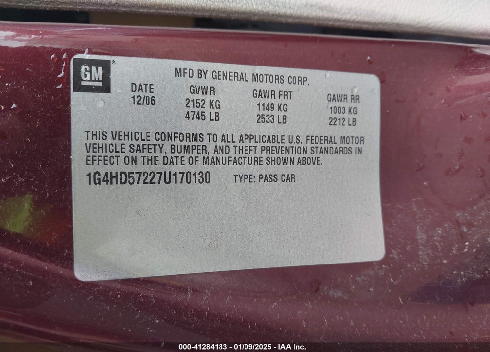 2007 BUICK LUCERNE CXL VIN: 1G4HD57227U170130