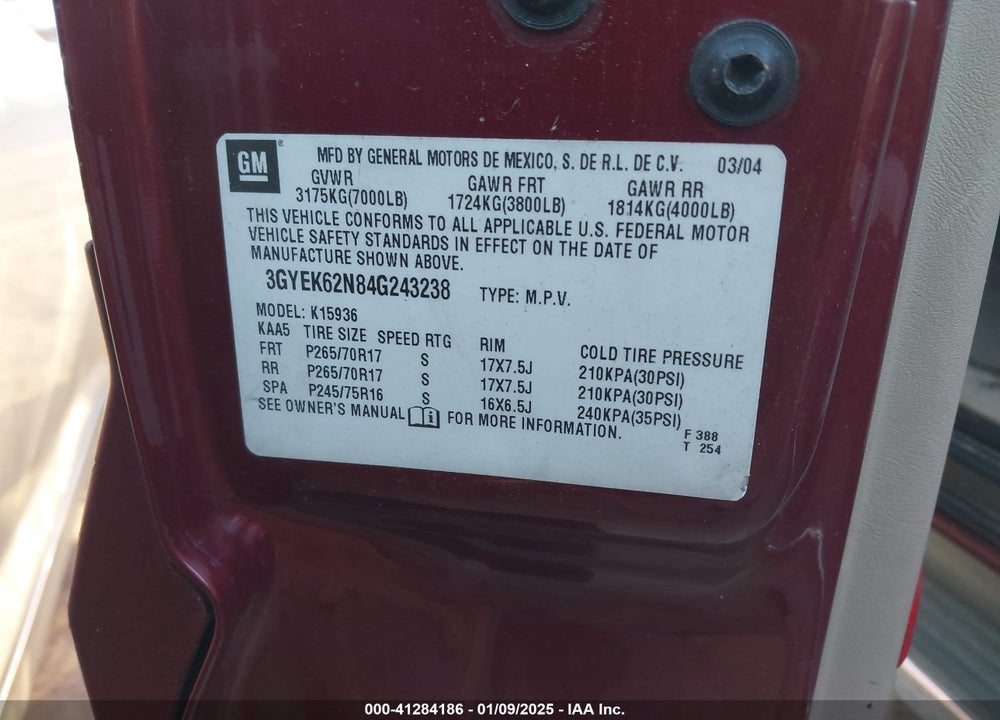 2004 CADILLAC ESCALADE EXT STANDARD VIN: 3GYEK62N84G243238