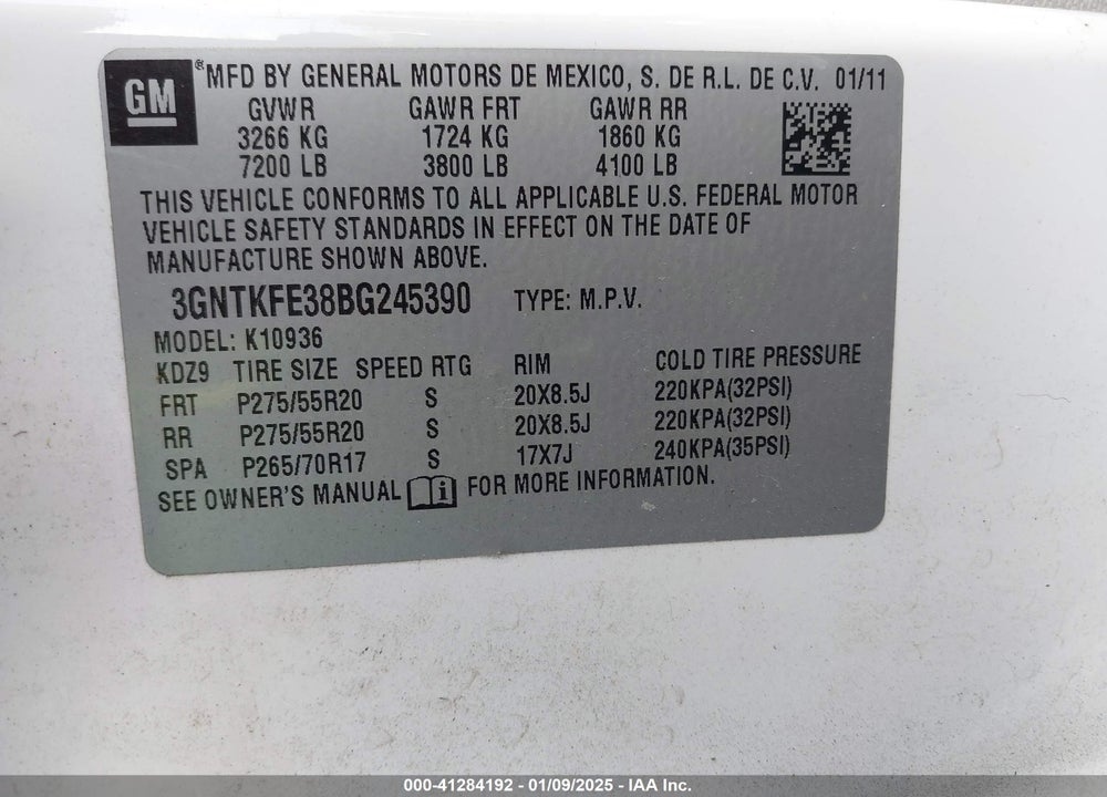 2011 CHEVROLET AVALANCHE 1500 LT1 VIN: 3GNTKFE38BG245390