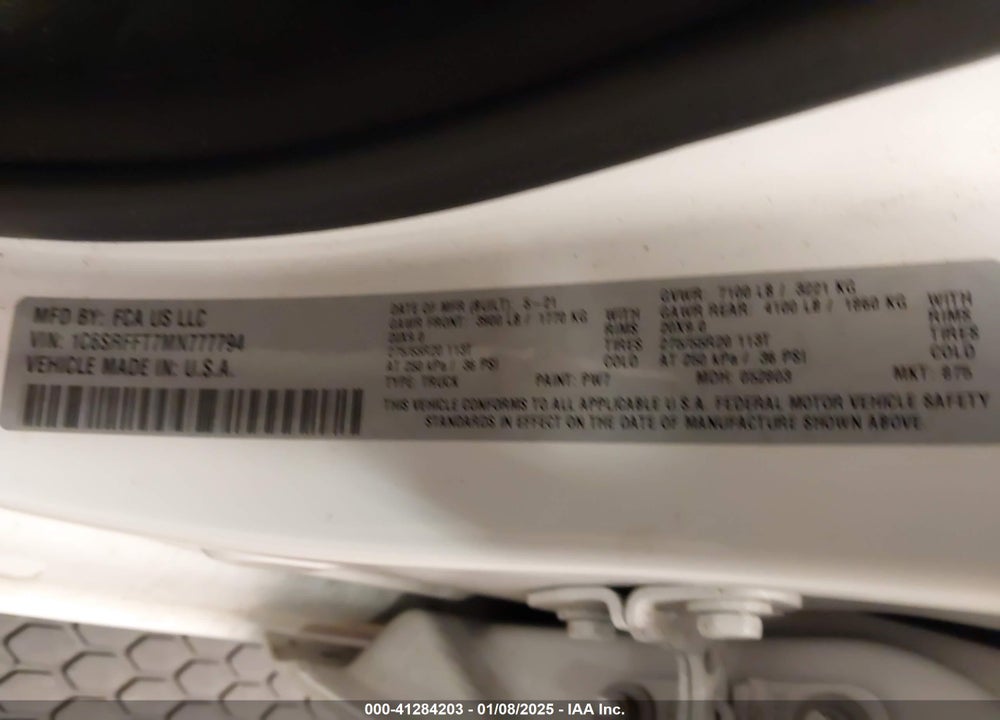 2021 RAM 1500 VIN: 1C6SRFFT7MN777794