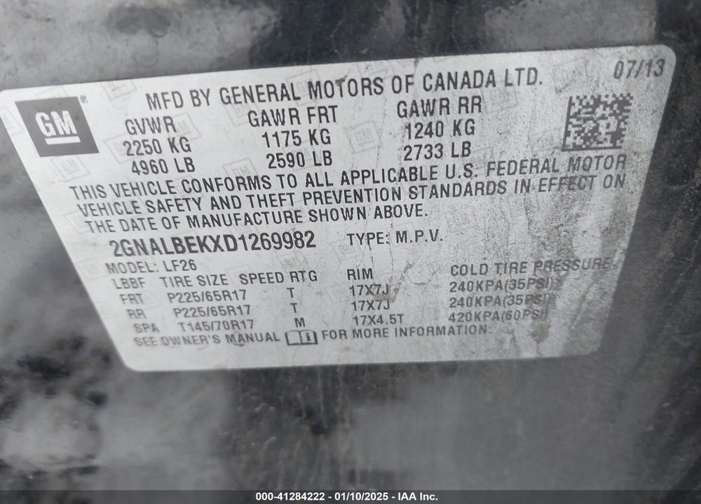 2013 CHEVROLET EQUINOX LS VIN: 2GNALBEKXD1269982