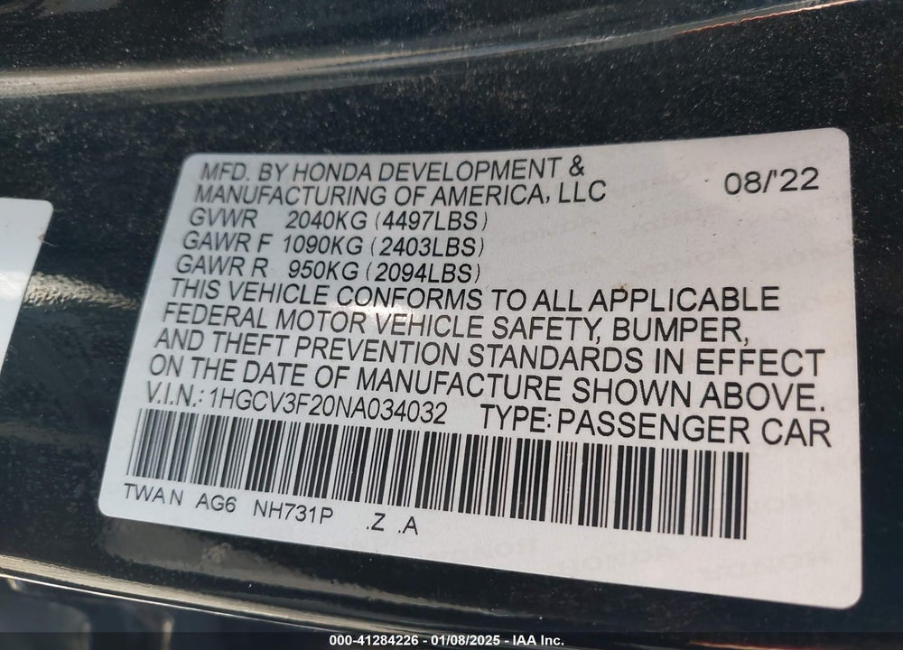2022 HONDA ACCORD VIN: 1HGCV3F20NA034032