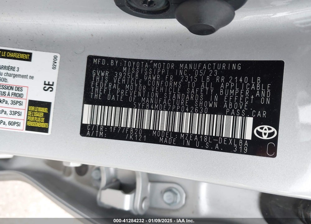 2023 TOYOTA COROLLA VIN: 5YFB4MDE7PP042630