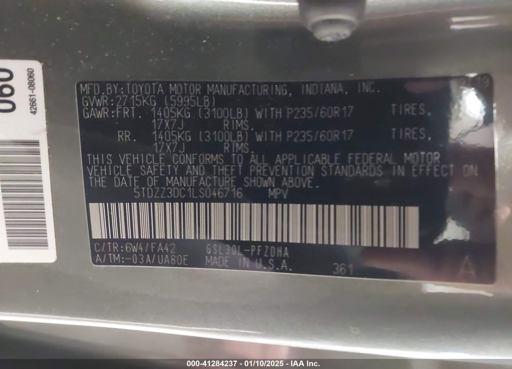 2020 TOYOTA SIENNA L VIN: 5TDZZ3DC1LS046716