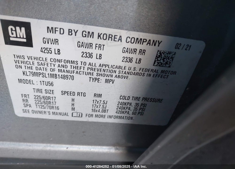 2021 CHEVROLET TRAILBLAZER VIN: KL79MPSL1MB148970