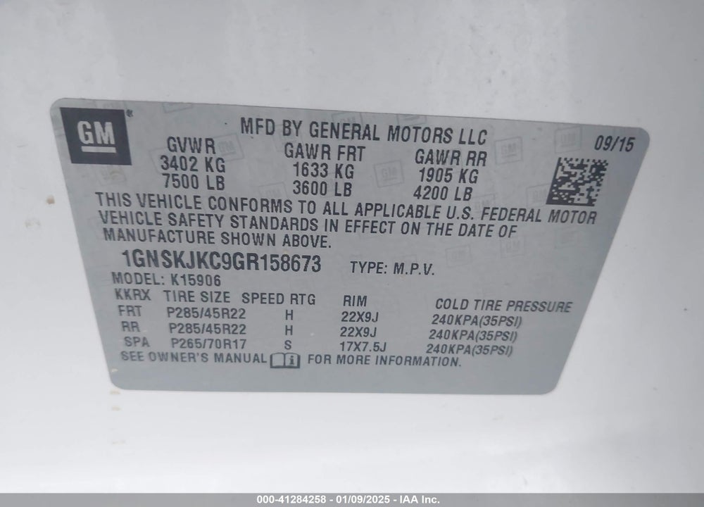 2016 CHEVROLET SUBURBAN K1500 LTZ VIN: 1GNSKJKC9GR158673