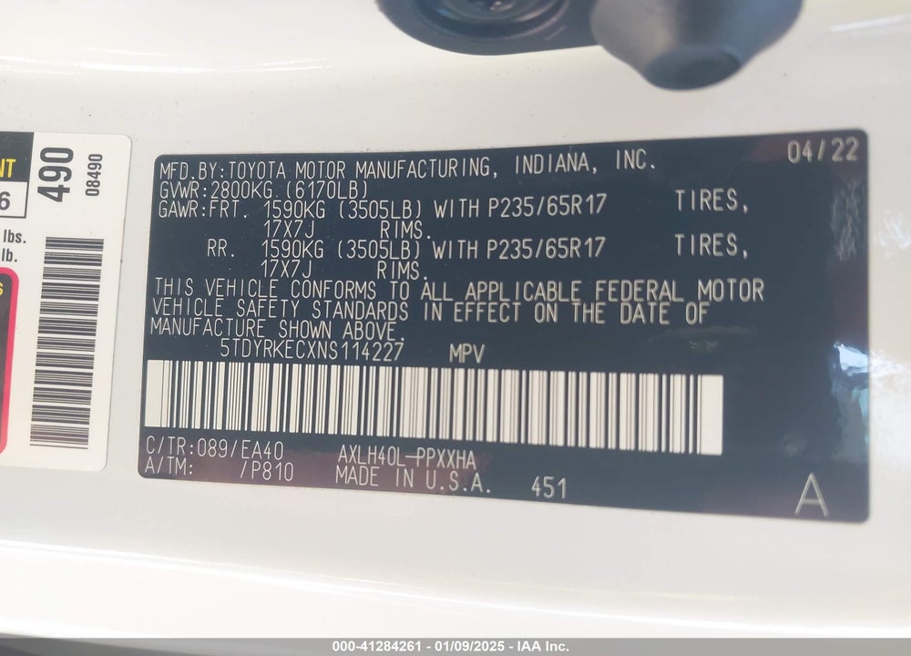 2022 TOYOTA SIENNA VIN: 5TDYRKECXNS114227