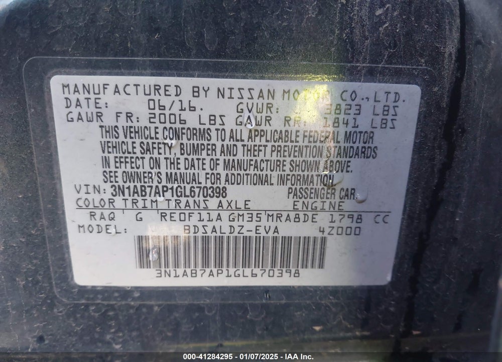 2016 NISSAN SENTRA SV VIN: 3N1AB7AP1GL670398