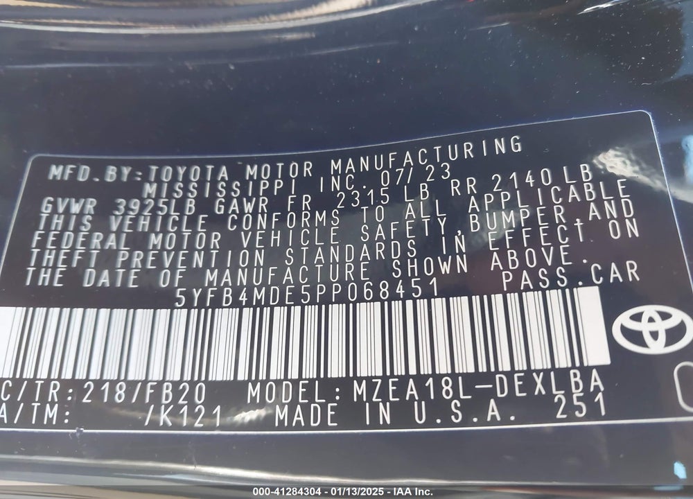 2023 TOYOTA COROLLA VIN: 5YFB4MDE5PP068451