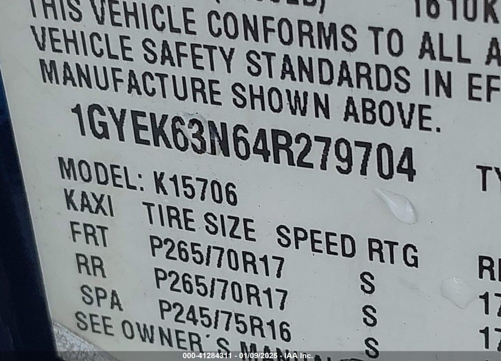 2004 CADILLAC ESCALADE STANDARD VIN: 1GYEK63N64R279704