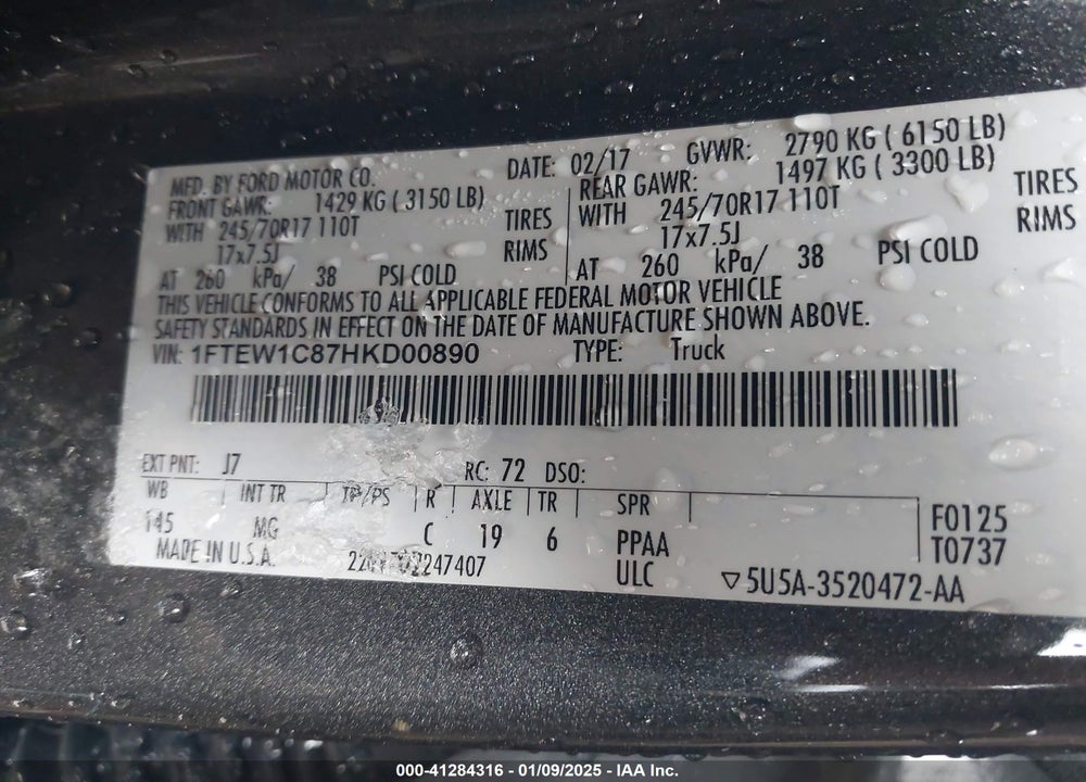 2017 FORD F150 VIN: 1FTEW1C87HKD00890