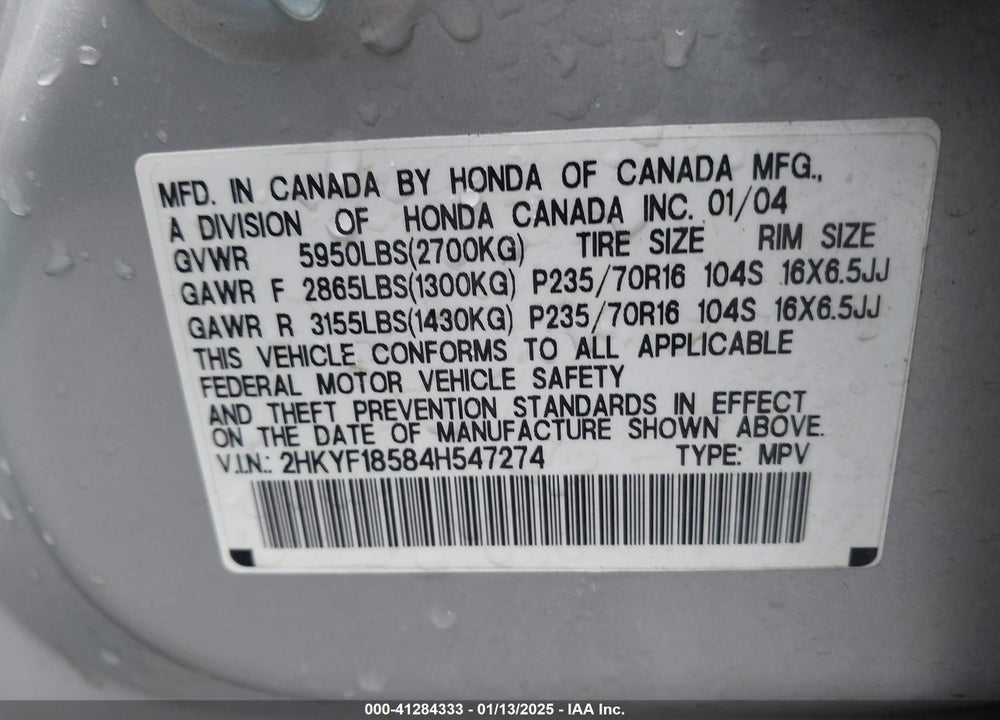 2004 HONDA PILOT EX-L VIN: 2HKYF18584H547274