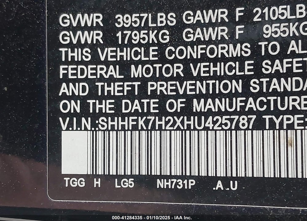 2017 HONDA CIVIC VIN: SHHFK7H2XHU425787
