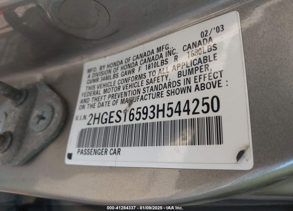 2003 HONDA CIVIC LX VIN: 2HGES16593H544250