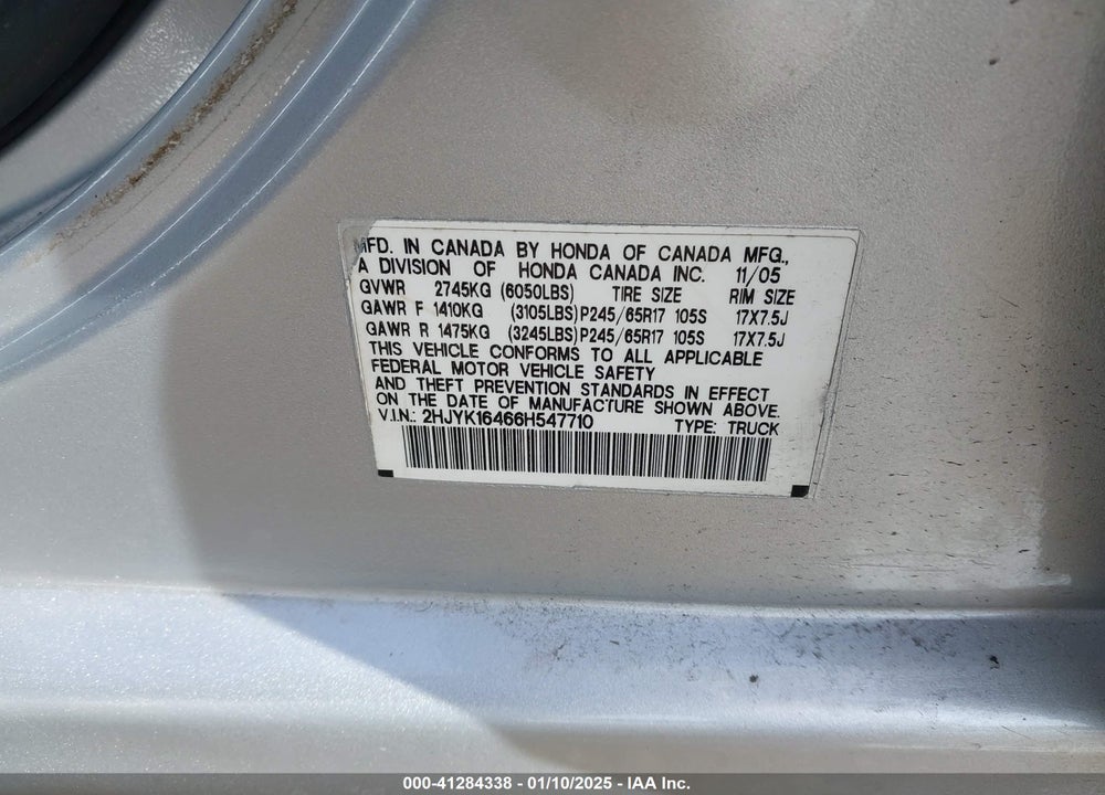 2006 HONDA RIDGELINE RTS VIN: 2HJYK16466H547710