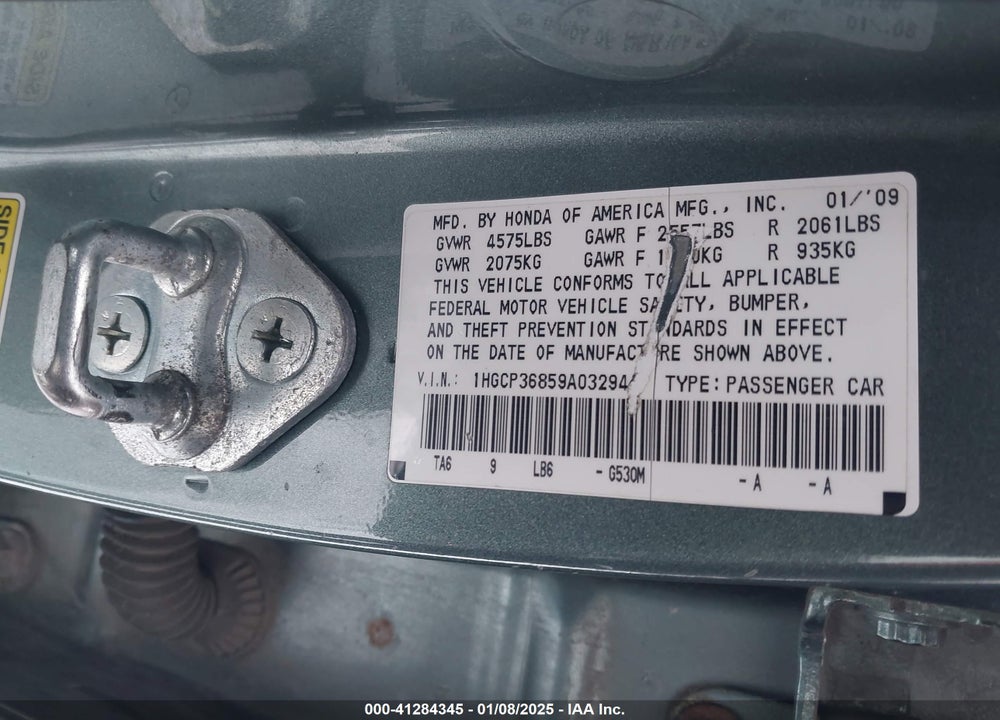2009 HONDA ACCORD VIN: 1HGCP36859A032944