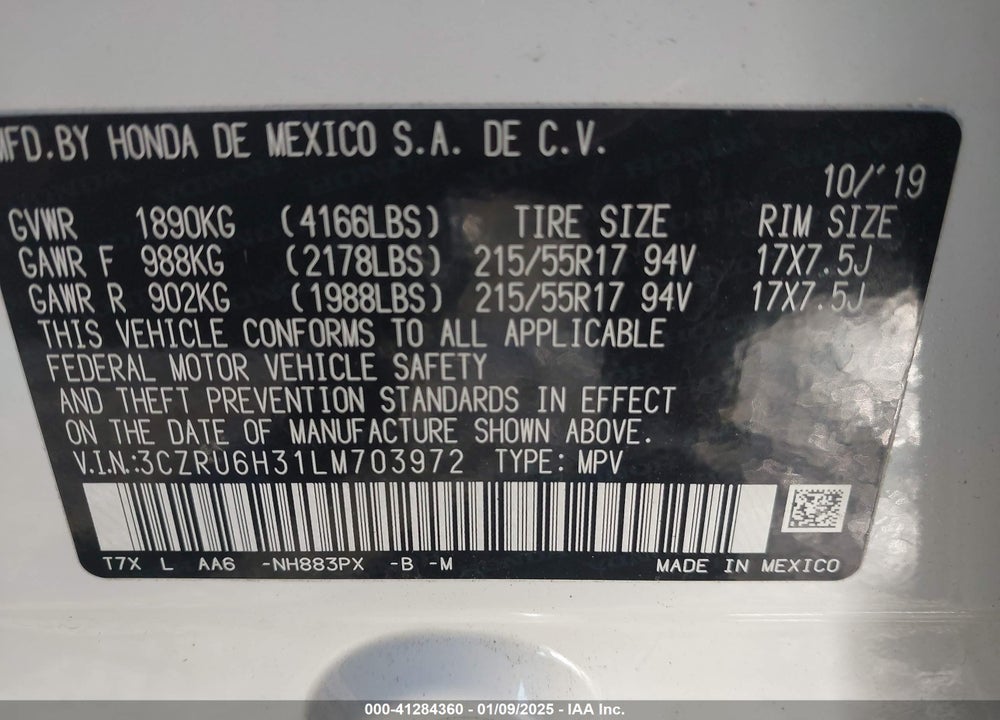 2020 HONDA HR-V AWD LX VIN: 3CZRU6H31LM703972