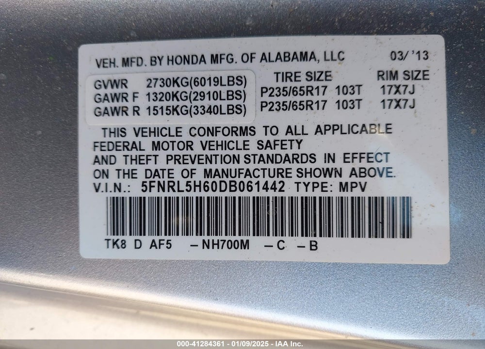 2013 HONDA ODYSSEY EX-L VIN: 5FNRL5H60DB061442