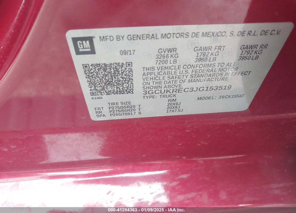 2018 CHEVROLET SILVERADO 1500 VIN: 3GCUKREC3JG153519