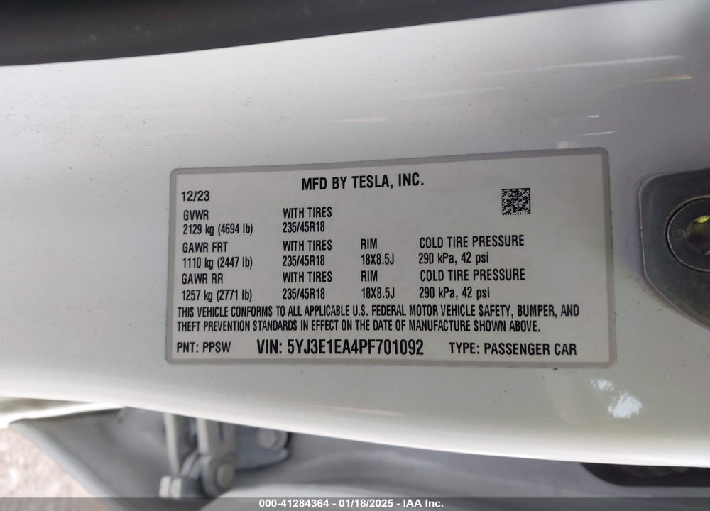 2023 TESLA MODEL 3 VIN: 5YJ3E1EA4PF701092