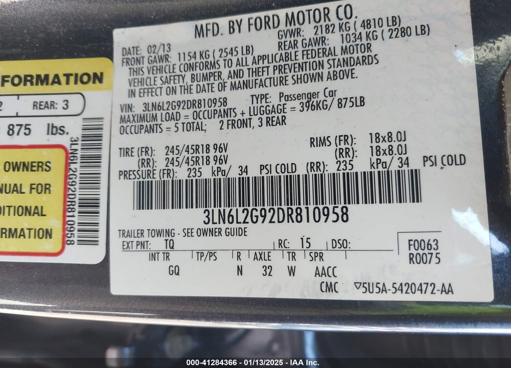 2013 LINCOLN MKZ VIN: 3LN6L2G92DR810958
