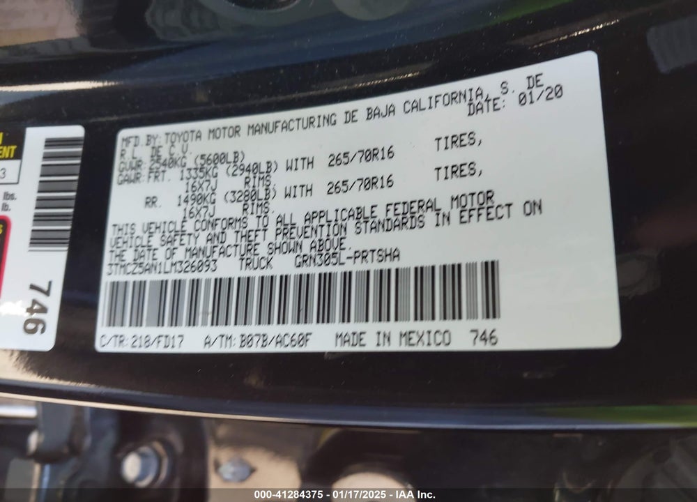 2020 TOYOTA TACOMA VIN: 3TMCZ5AN1LM326093