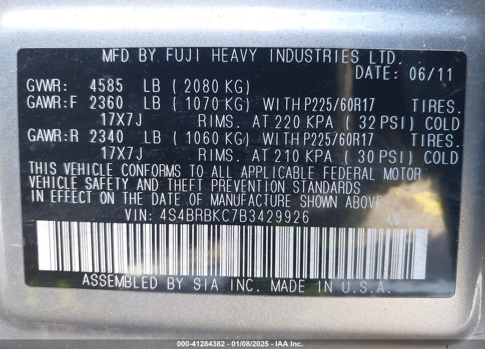2011 SUBARU OUTBACK 2.5I LIMITED VIN: 4S4BRBKC7B3429926