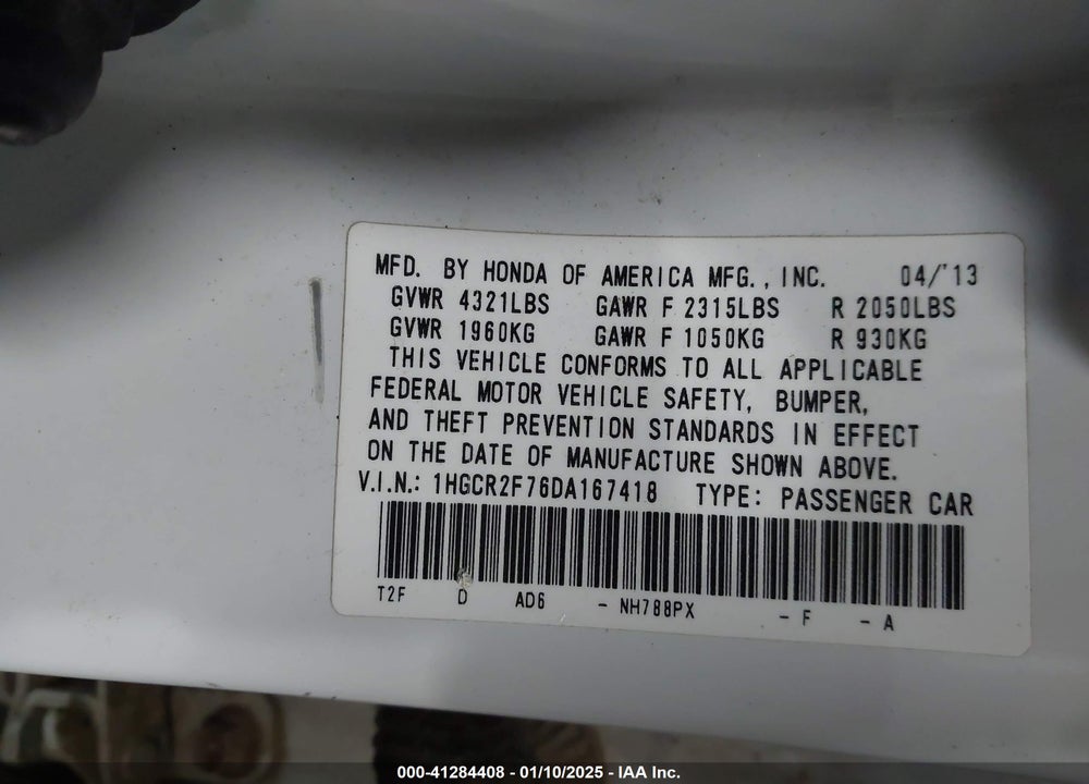 2013 HONDA ACCORD EX VIN: 1HGCR2F76DA167418
