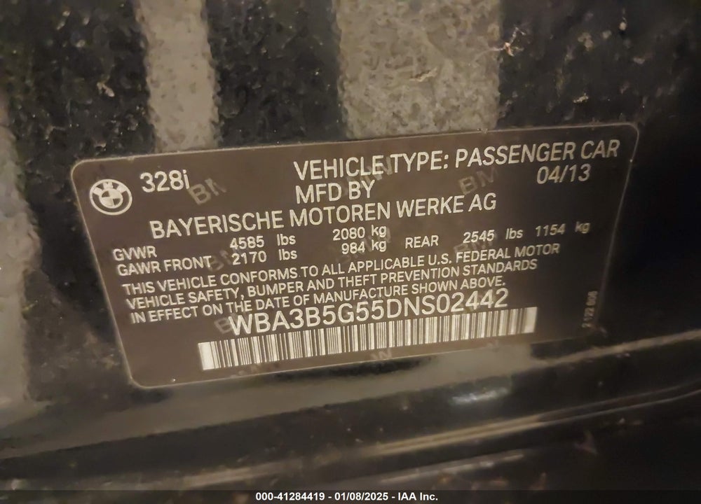 2013 BMW 328I XDRIVE VIN: WBA3B5G55DNS02442