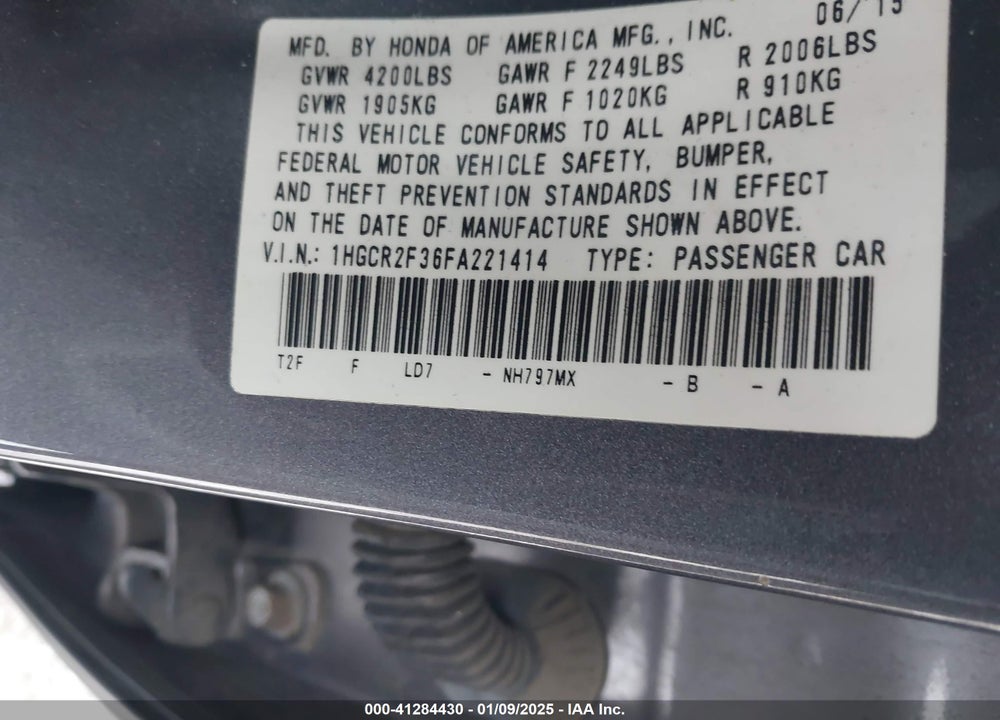 2015 HONDA ACCORD VIN: 1HGCR2F36FA221414
