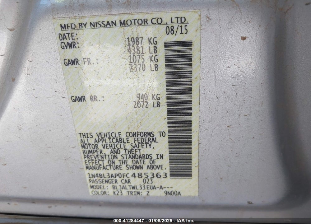 2015 NISSAN ALTIMA VIN: 1N4BL3AP0FC485363