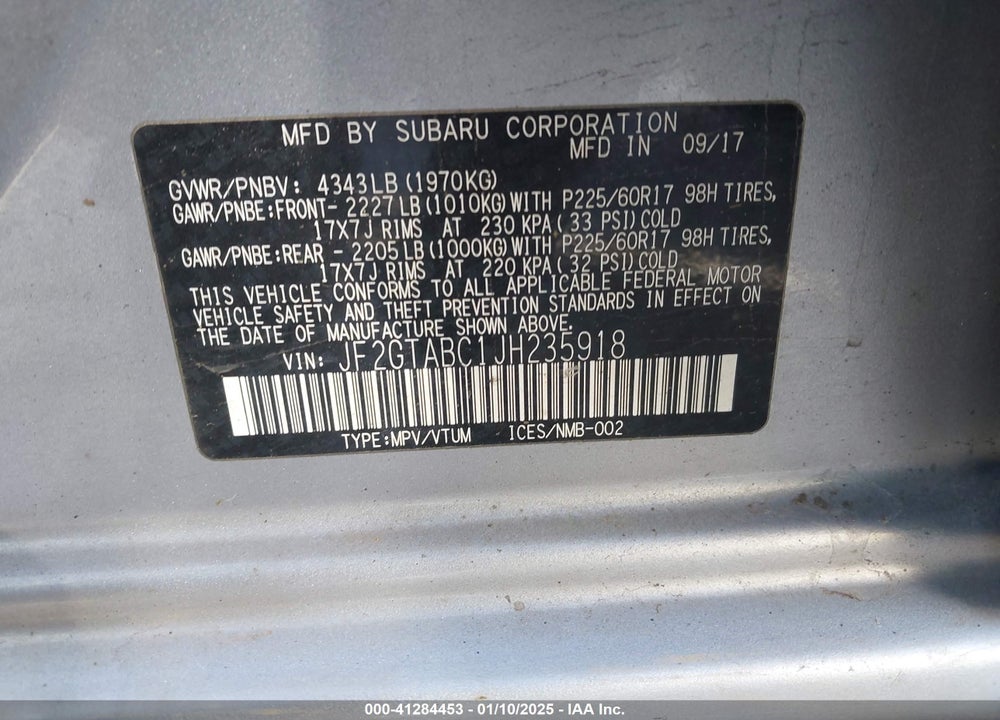 2018 SUBARU CROSSTREK 2.0I PREMIUM VIN: JF2GTABC1JH235918