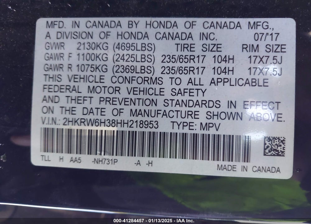 2017 HONDA CR-V LX VIN: 2HKRW6H38HH218953