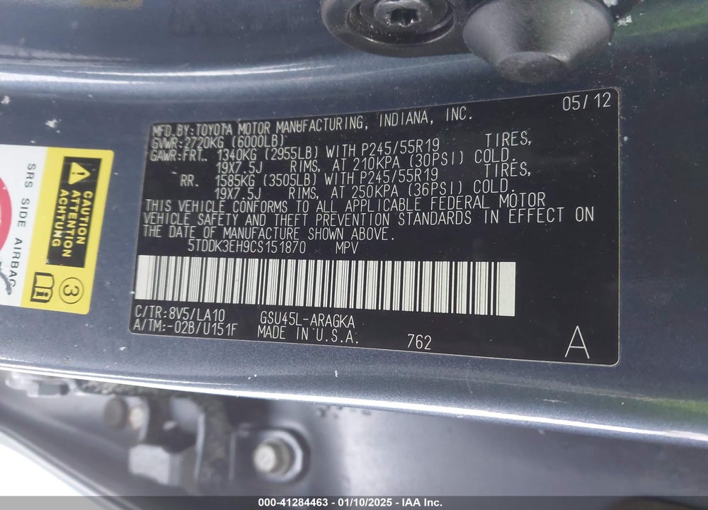 2012 TOYOTA HIGHLANDER LIMITED V6 VIN: 5TDDK3EH9CS151870