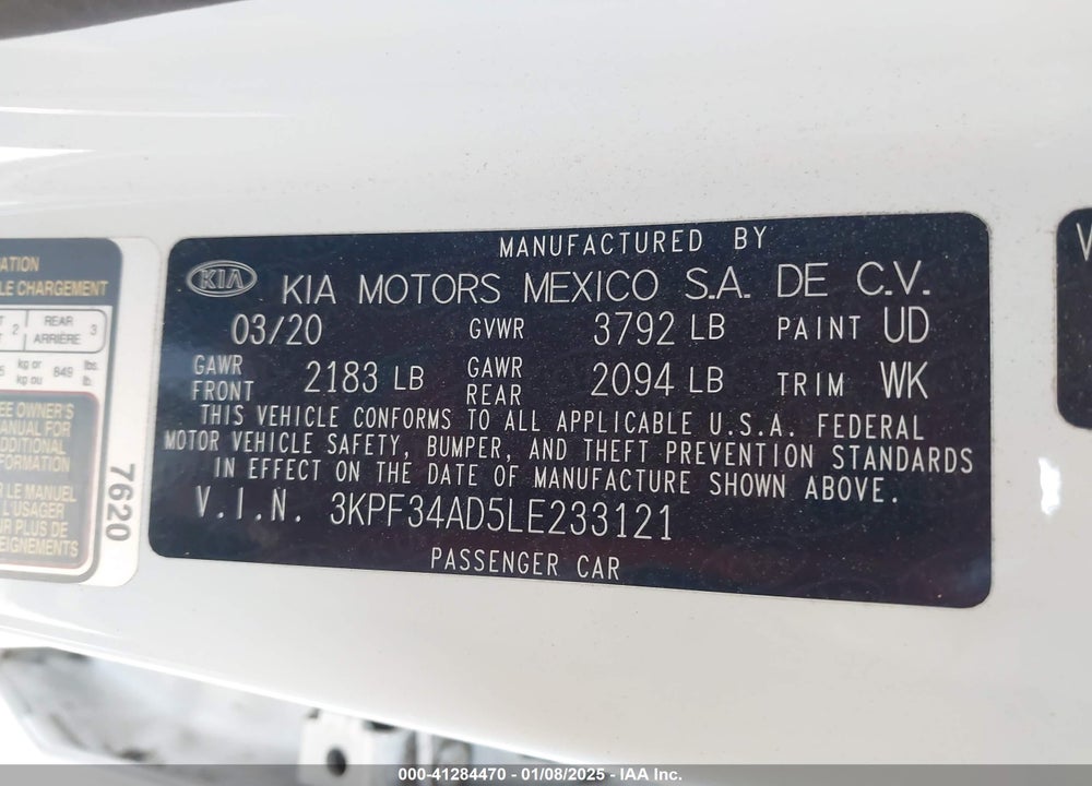 2020 KIA FORTE VIN: 3KPF34AD5LE233121