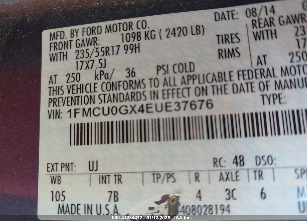 2014 FORD ESCAPE SE VIN: 1FMCU0GX4EUE37676