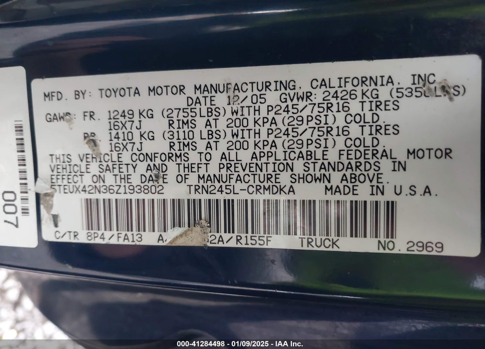 2006 TOYOTA TACOMA VIN: 5TEUX42N36Z193802